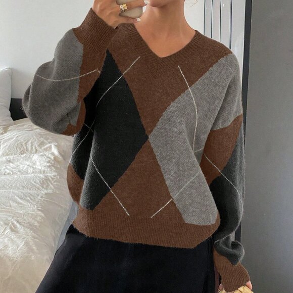 Coffee Brown Casual Women's Colorblock Loose Crew Neck Sweater - Picture 4 of 5